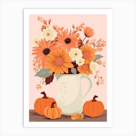Pitcher With Sunflowers, Atumn Fall Daisies And Pumpkin Latte Cute Illustration 0 Art Print