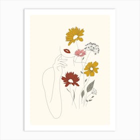 Colorful Thoughts Minimal Line Art Woman With Flowers III Art Print