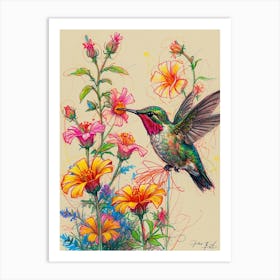 Hummingbird With Flowers Art Print