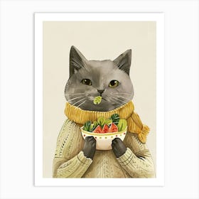 Cute Cat Eating Salad Folk Illustration 3 Art Print