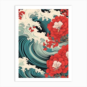 Great Wave With Camellia Flower Drawing In The Style Of Ukiyo E 4 Art Print