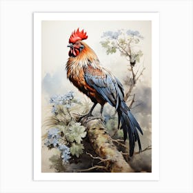 Rooster, Japanese Brush Painting, Ukiyo E, Minimal 1 Art Print