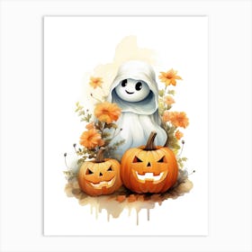Cute Ghost With Pumpkins Halloween Watercolour 64 Art Print