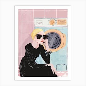 Woman Sitting By A Washing Machine Art Print