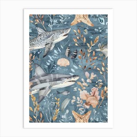 Pastel Blue Zebra Shark Watercolour Seascape Pattern 1 Art Print