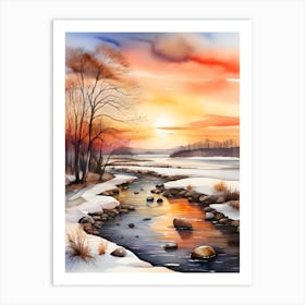 Winter Landscape Watercolor Painting Art Print