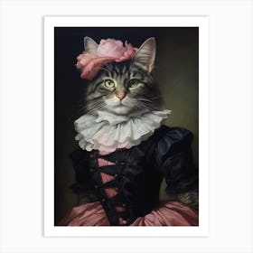 Black & Pink Cat Rococo Style 2 Art Print