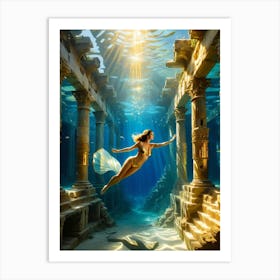 Woman swimming in gold underwater ruin Art Print