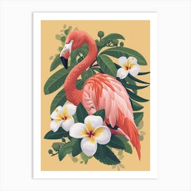 American Flamingo And Plumeria Minimalist Illustration 3 Art Print