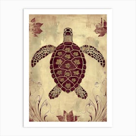 Maroon Art Deco Sea Turtle 2 Art Print