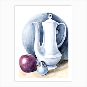 watercolor painting still life kitchen art vertical light grey gray purple white vase jar carafe apple Art Print