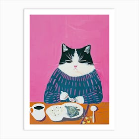 Black And White Cat Having Breakfast Folk Illustration 3 Art Print
