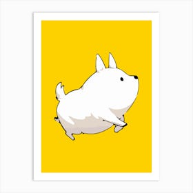 White Kawaii Dog Running On Yellow Background Cute Illustration Art Print