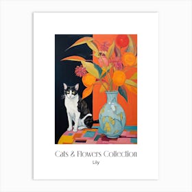 Cats & Flowers Collection Lily Flower Vase And A Cat, A Painting In The Style Of Matisse 0 Art Print