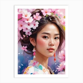 Asian Girl With Cherry Blossoms Art Print