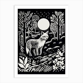 Linocut Fox Illustration Black 1 Art Print