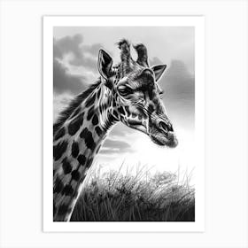 Giraffe In The Grass Pencil Drawing 11 Art Print