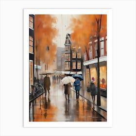 Amsterdam cafes, autumn season, rain, autumn oil colours.Faded colours,People passing on the street, winter clothes, rain umbrellas.12 2 Art Print