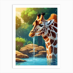 Giraffe Drinking Water Art Print