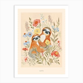 Folksy Floral Animal Drawing Sloth 2 Poster Art Print