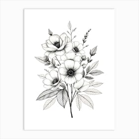 Black And White Drawing Of Flowers Art Print