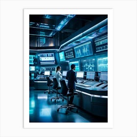 Cyber Industrial Automation Control Room With Sleek Ergonomic Workstations Translucent Holographic (4) Art Print