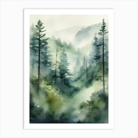 Appalachian Mountains of Misty Pines Watercolor Print of Evergreen Forest..141 Art Print