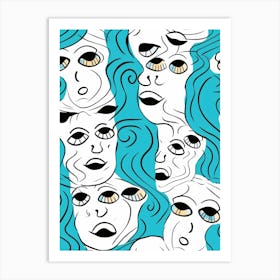 Abstract Aqua Face Line Illustration 1 Art Print