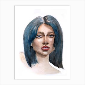 Watercolor portrait of a girl with blue hair Art Print