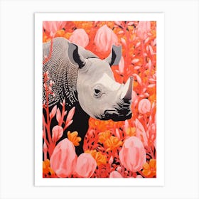 Geometric Pink & Orange Rhino In The Plants 2 Art Print