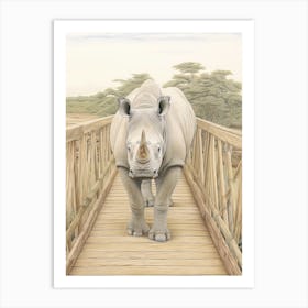 Rhino Walking Across A Wooden Bridge Illustration 3 Art Print