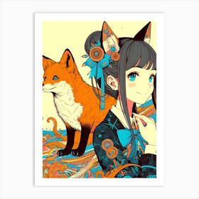 Pretty Anime Girl with Fox 15 Art Print