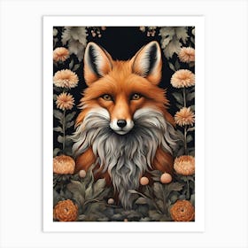 Fox And Chrysanthemums Art Print