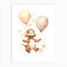 Baby Dinosaur (T Rex) Flying With Ballons, Watercolour Nursery Art 2 Art Print