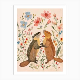 Folksy Floral Animal Drawing Beaver 5 Art Print