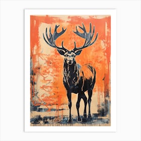 Elk, Woodblock Animal Drawing 4 Art Print