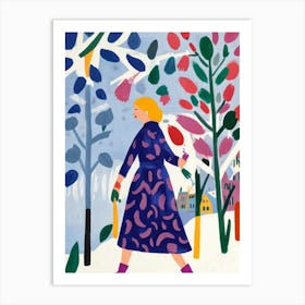 Woman Walks In The Snow Art Print