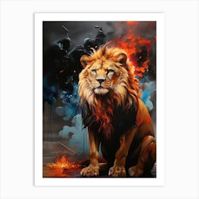 Lion In Flames painting Art Print