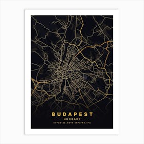 Budapest Hungary Black And Gold Map Art Print