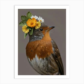 Bird With A Flower Crown European Robin Art Print 1 Art Print