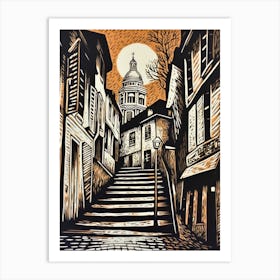 Montmartre Paris France Linocut Illustration Style 2 Art Print