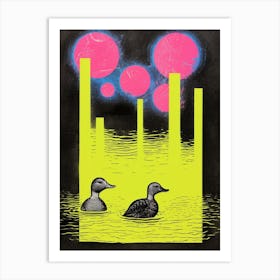 Geometric Duckling In The River Lime Green & Pink Art Print