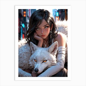 Anime Girl With White Wolf 1 Art Print