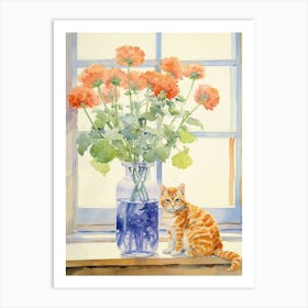 Cat With Geranium Flowers Watercolor Mothers Day Valentines 2 Art Print