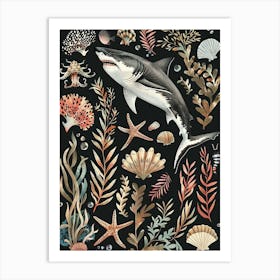 Great White Shark Black Background Illustration 2 Art Print