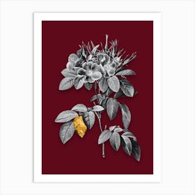 Vintage Pasture Rose Black and White Gold Leaf Floral Art on Burgundy Red n.0657 Art Print