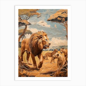 African Lion Relief Illustration Interaction 2 Art Print