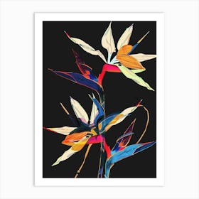 Neon Flowers On Black Bird Of Paradise 3 Art Print