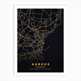 Aarhus Denmark Black And Gold Map Art Print