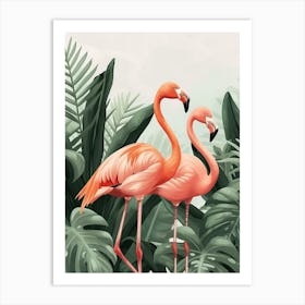 Lesser Flamingo And Philodendrons Minimalist Illustration 3 Art Print